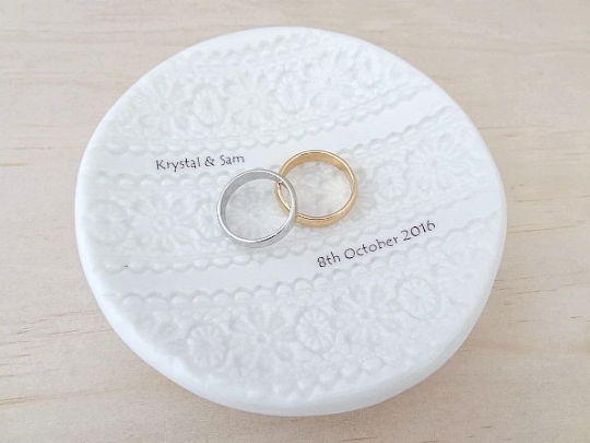 Personalised ring dish with lace imprint, Custom Wedding Gift