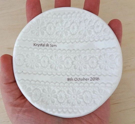 Personalised ring dish with lace imprint, Custom Wedding Gift
