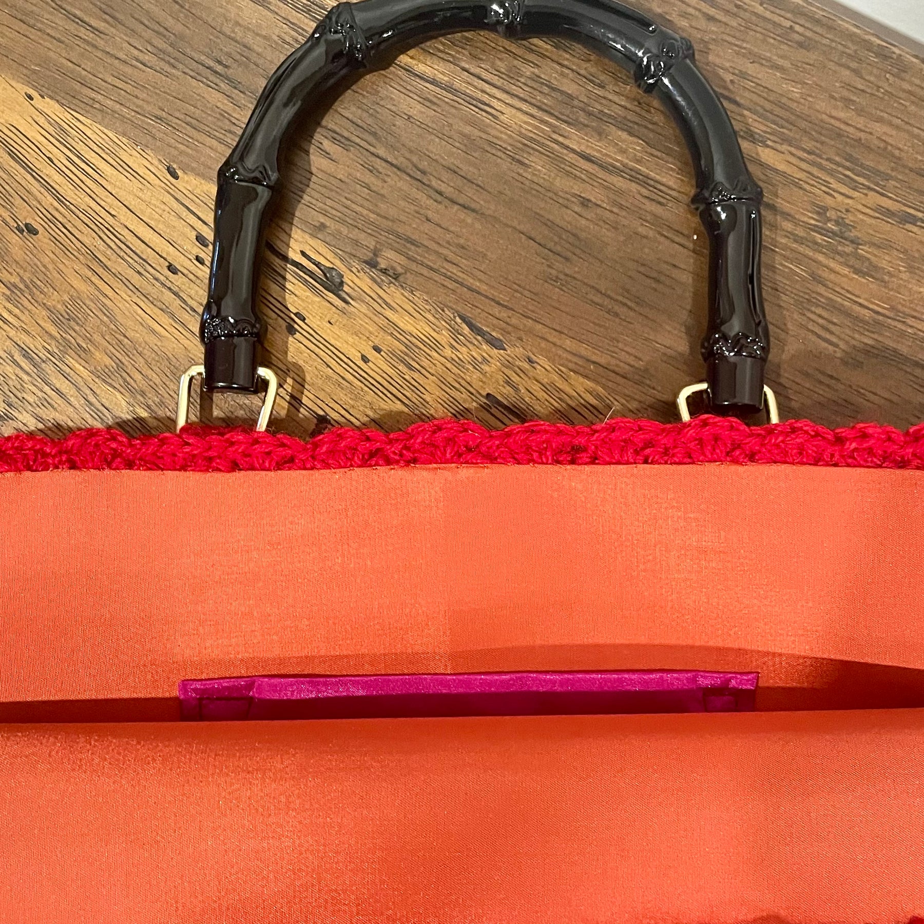 Red Crochet Handbag, 1950s Pattern, Bamboo Handles