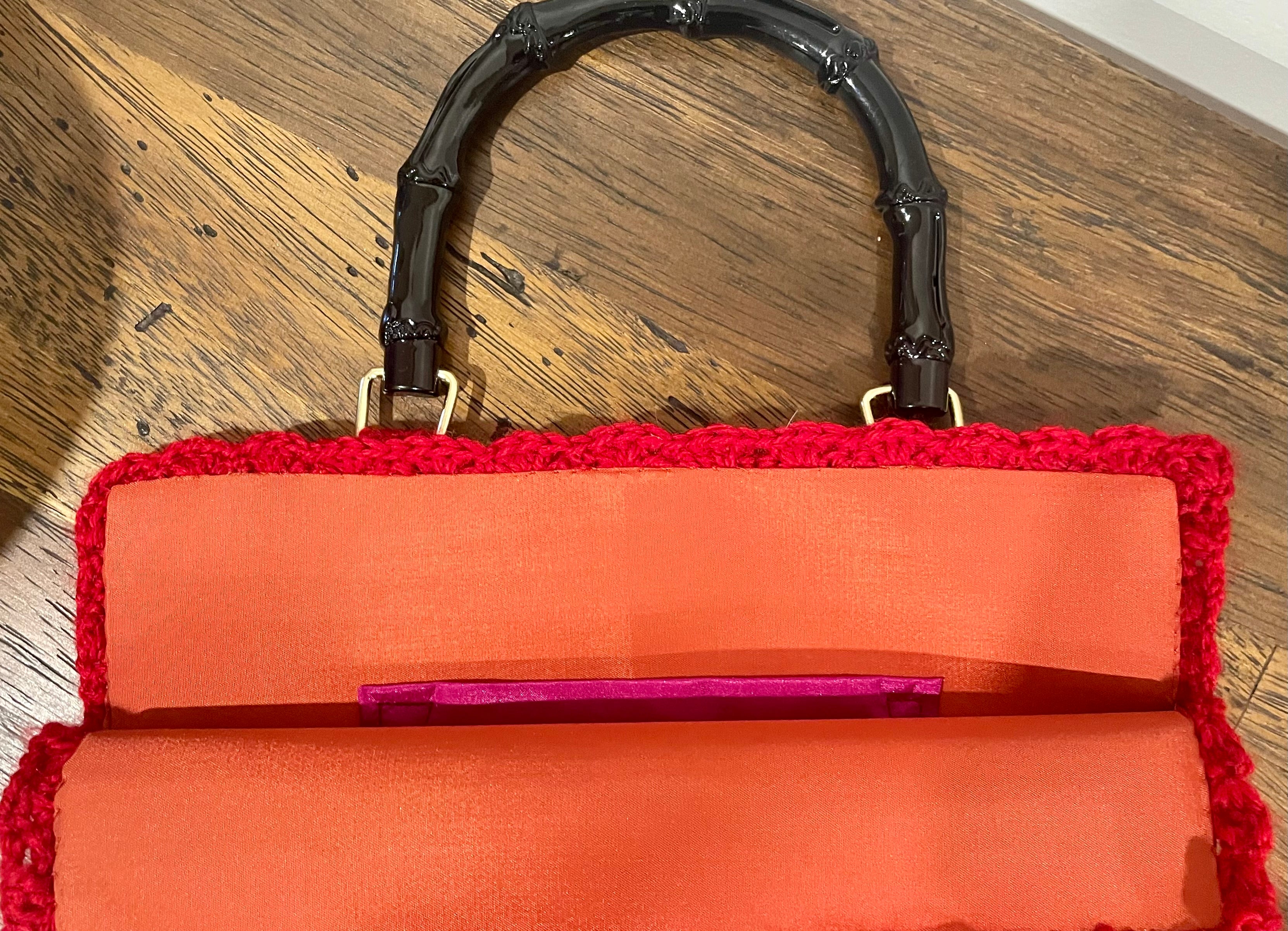 Red Crochet Handbag, 1950s Pattern, Bamboo Handles