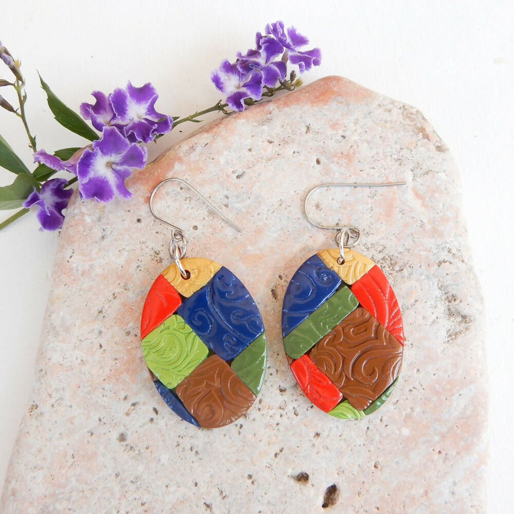 Patchwork Polymer Clay Earrings "Columbine" Oval