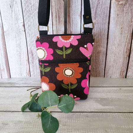 Upcycled small crossbody bag - brown background, pink & tan flowers