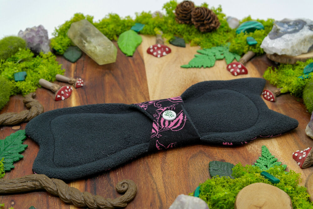 dig the flow reusables reusable cloth pad australian handmade dead things oddity curios cotton lycra purple flower cotton unique one-of-a-kind happy hippos naomis kitty menstrual health business - waterproof softshell backer wing closure kam snaps