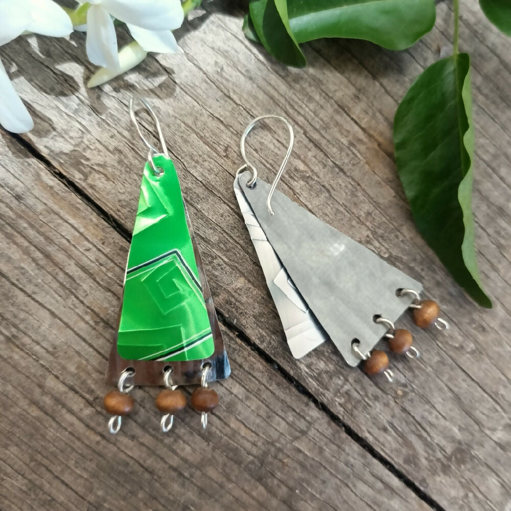 christmas tree earrings handmade upcycled back green..