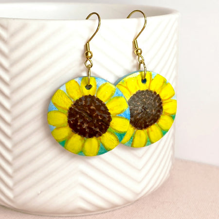 Big blooming sunflower hand painted wood dangle earrings