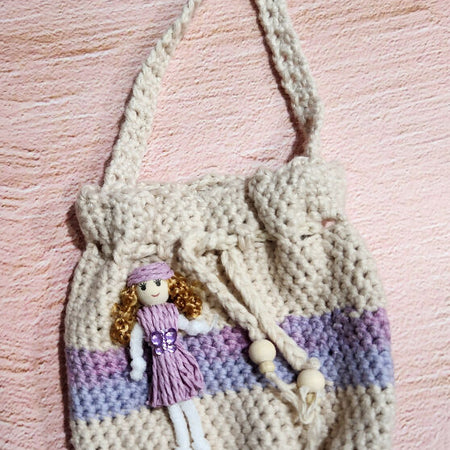 Crochet handbag, kids(purple/blue stripe with little doll - 15cm(W)x32cm(H) )