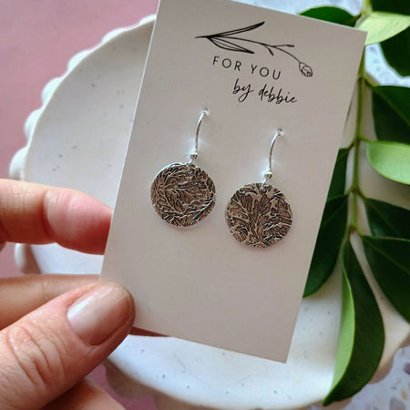 Fine silver earrings- large leaf print