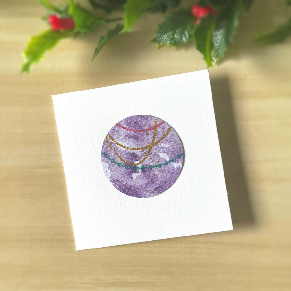 Australian-artist-handmade-original-art-watercolour-Christmas-card-7.5cm-purple-decorations