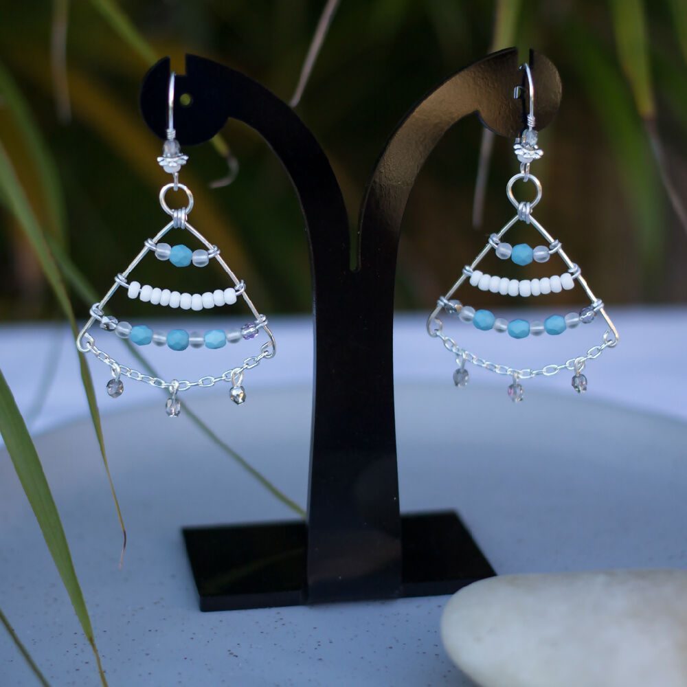 Blue and White Beaded Dangle Earrings, Tribal Style Earrings