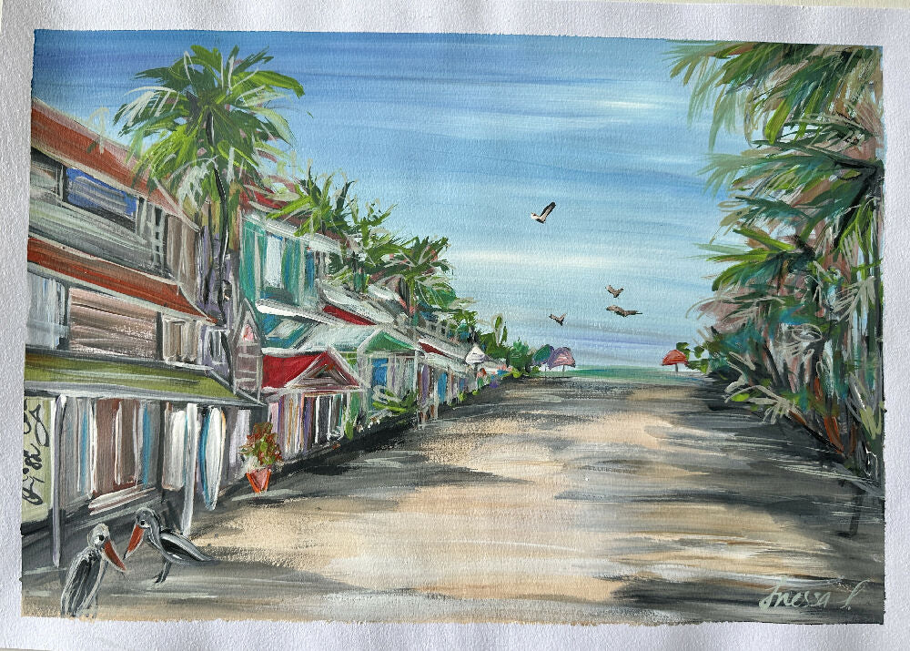 Sleepy beach town, acrylic painting, signed framed 40x50cm