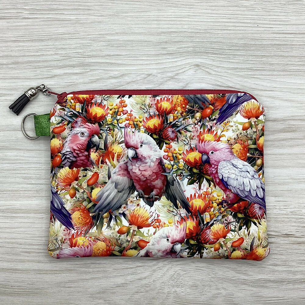 Galahs Zip Pouch (21cm x 16cm) Fully lined, lightly padded