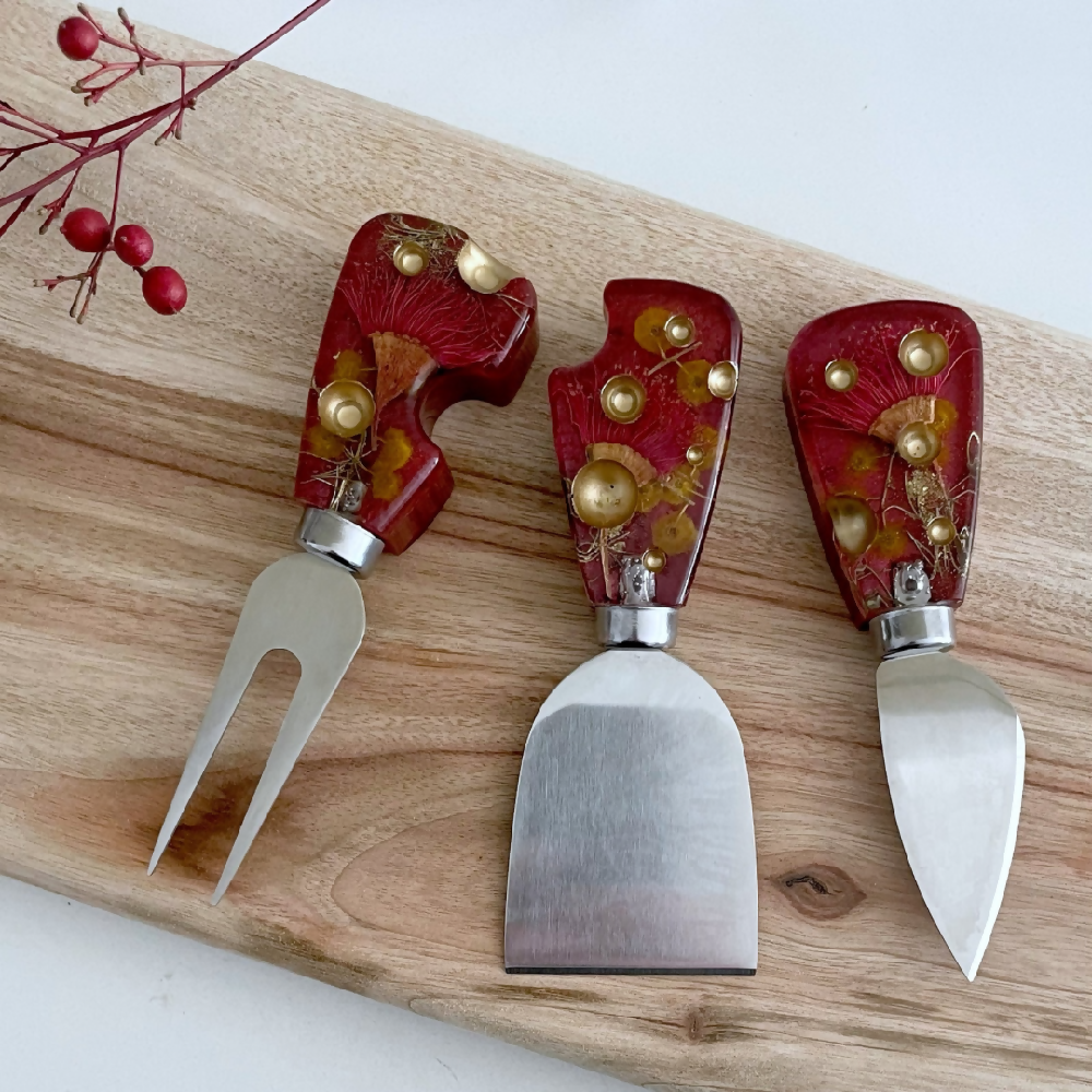 Set of 3 Red Botanical Cheese Knife featuring Australian Native Flowers