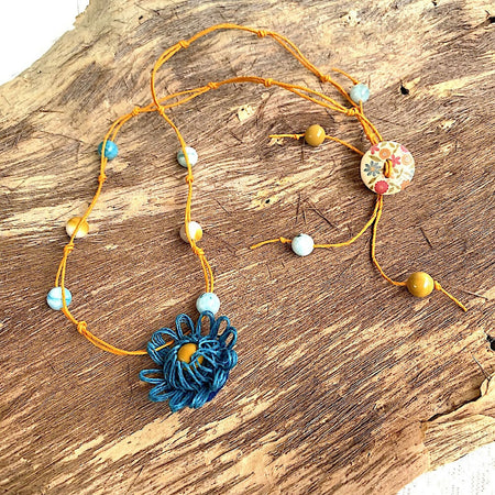 Necklace Knotted Gemstone Beads Flower Pendant Orange Blue