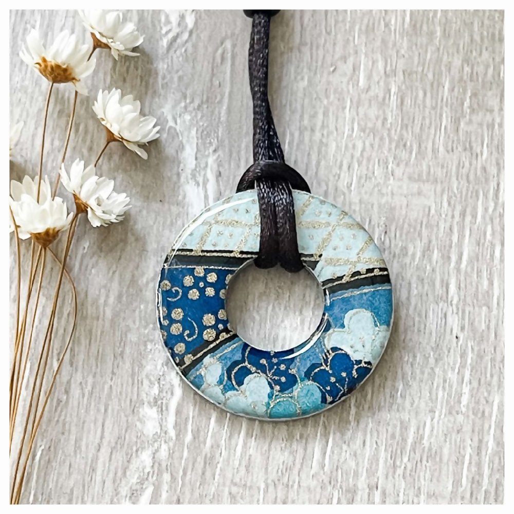 Blue Cherry Blossom Round Necklace with Adjustable Cord