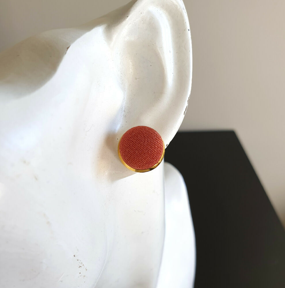 1.4cm Round Brown Kimono Fabric Cabochon stud earrings
