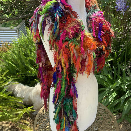 Boho scarf, handknit, recycled silk, multicoloured