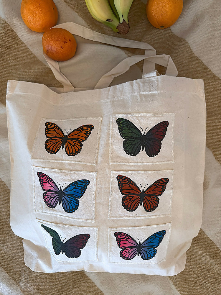 Calico tote with butterf