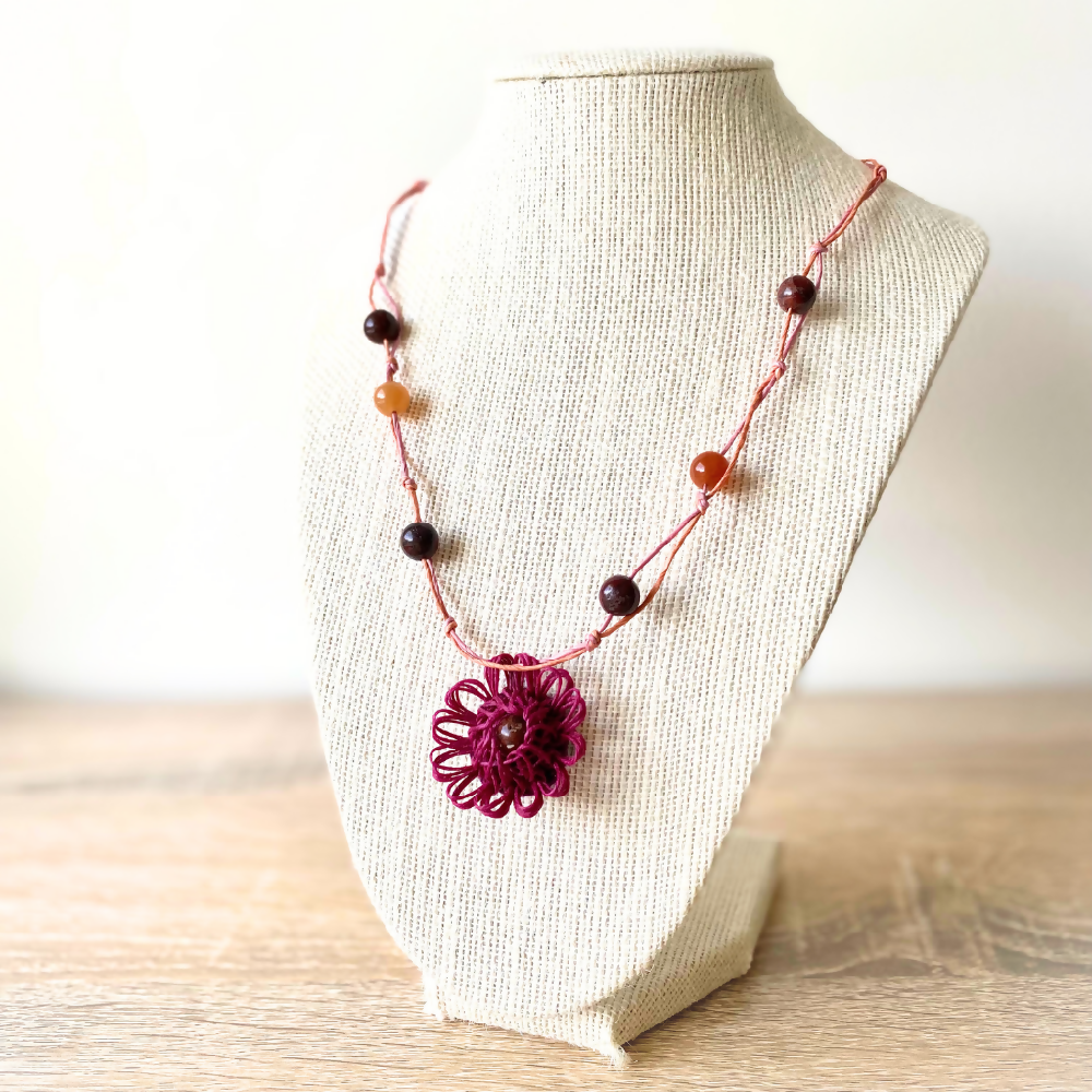 Necklace Knotted Gemstone Beads Flower Pendant Magenta