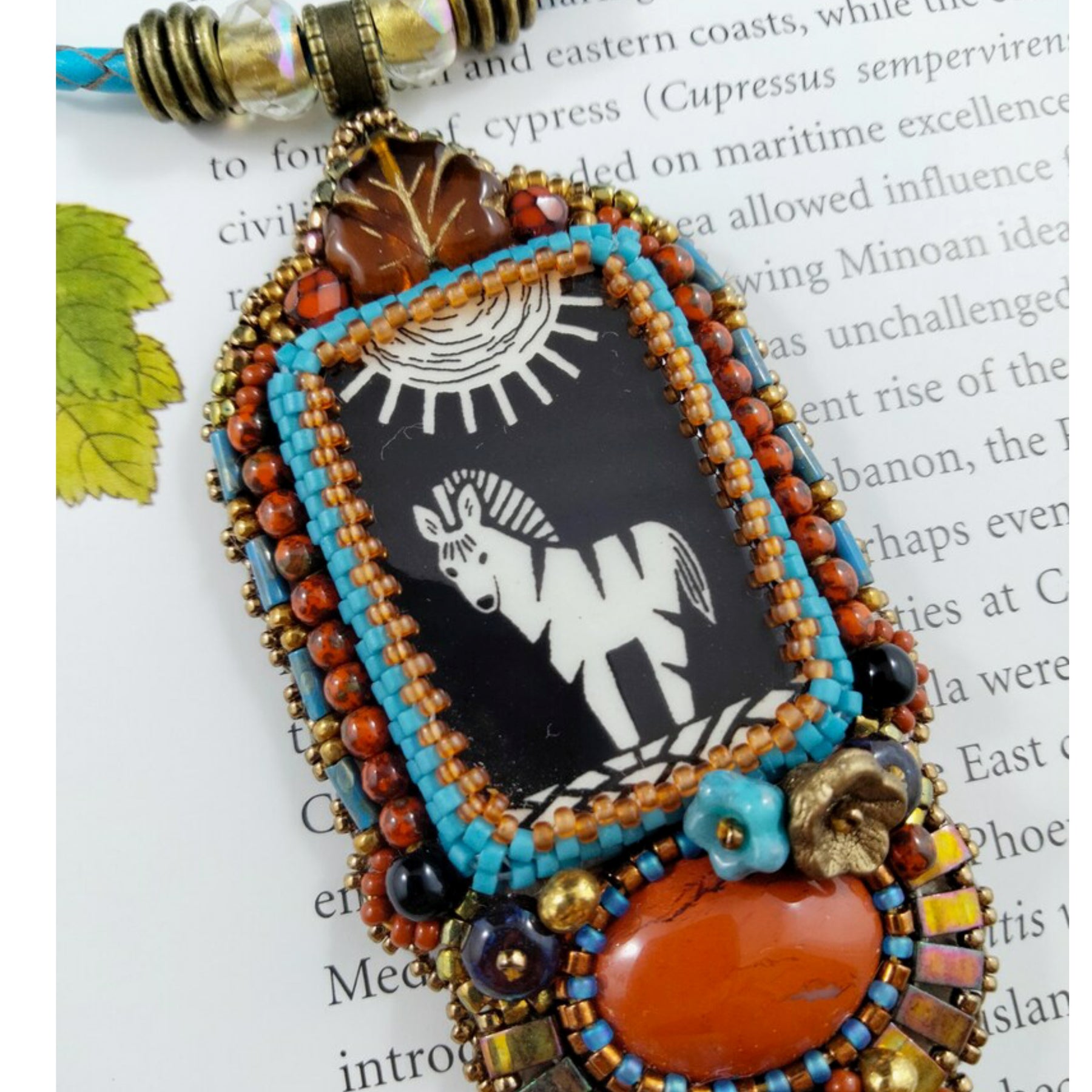 Zebra in Sunshine Pendant Necklace with hand painted enamel cabochon