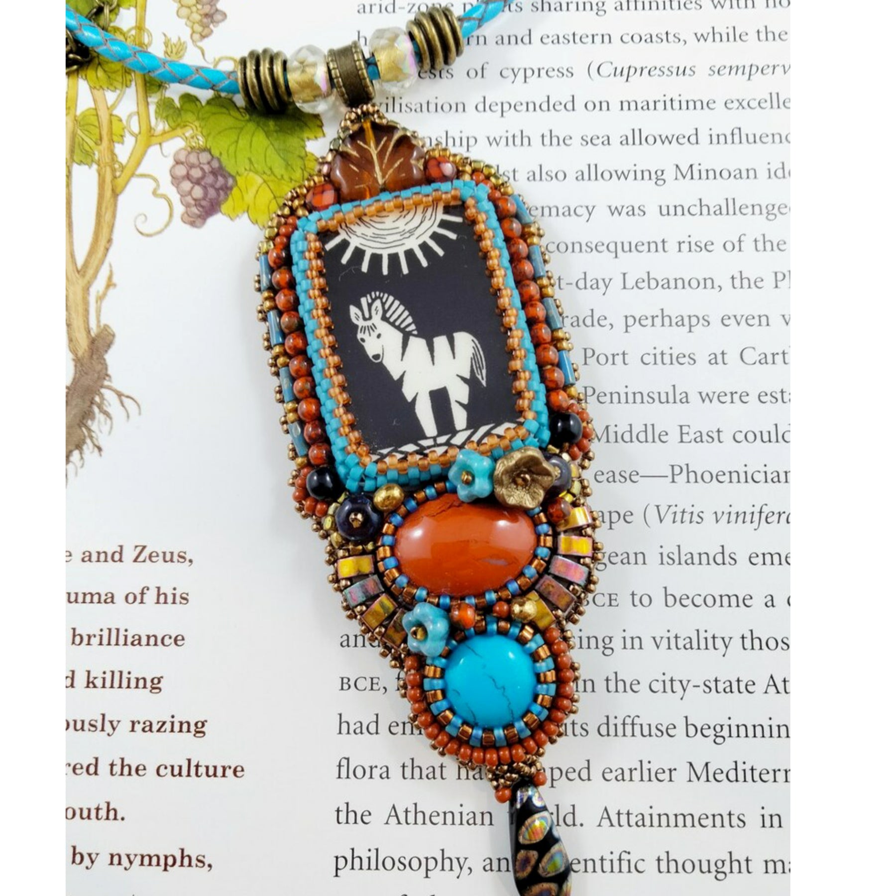 Zebra in Sunshine Pendant Necklace with hand painted enamel cabochon