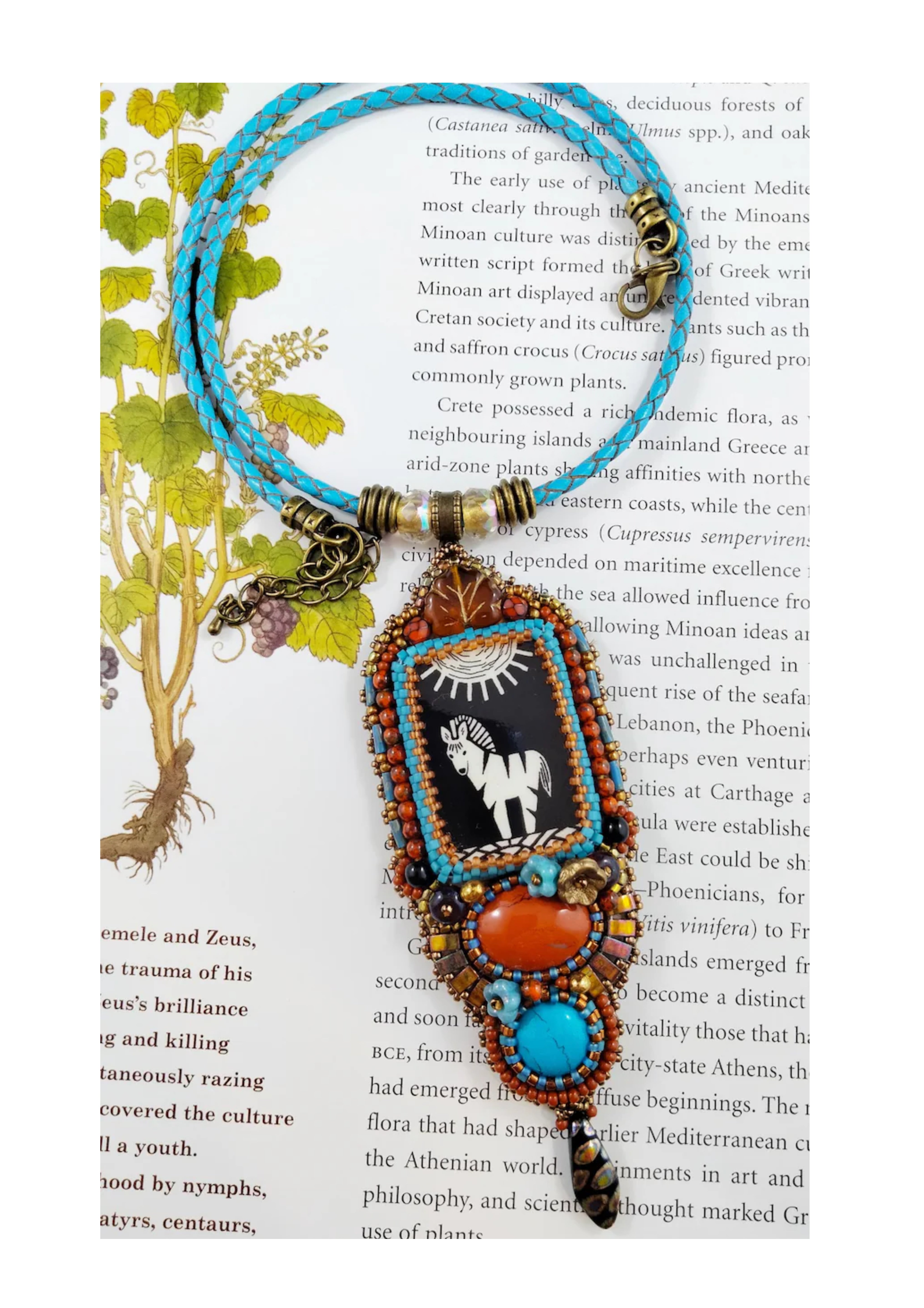 Zebra in Sunshine Pendant Necklace with hand painted enamel cabochon