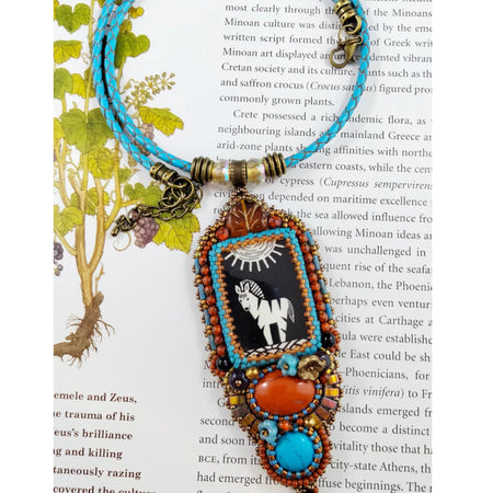 Zebra in Sunshine Pendant Necklace with hand painted enamel cabochon