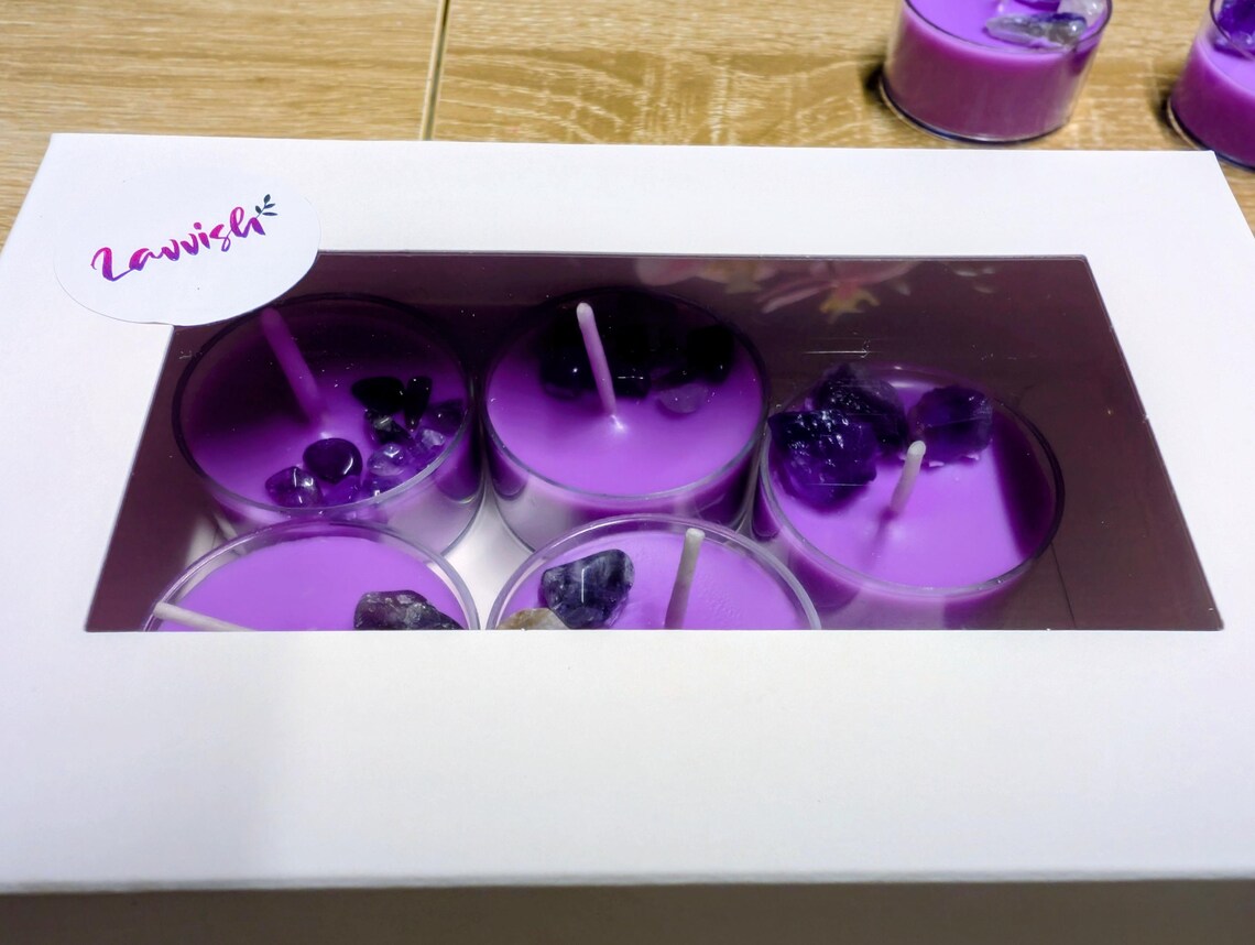 Amethyst Crystal Pheromone Candles • Hand Poured Purple Tealights (Set of 5)