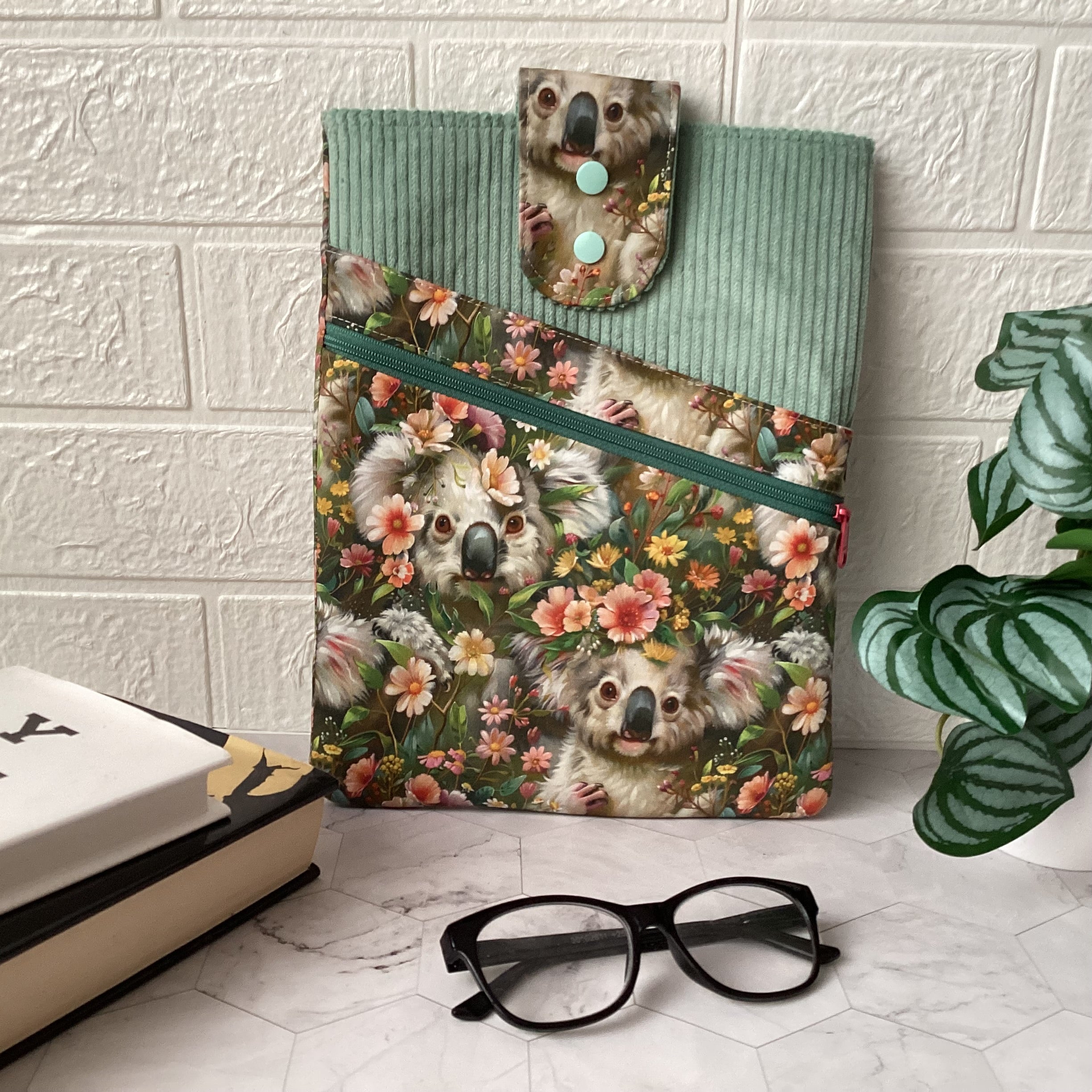 Australian Koalas book sleeve with 2 pockets. iPad, tablet pouch