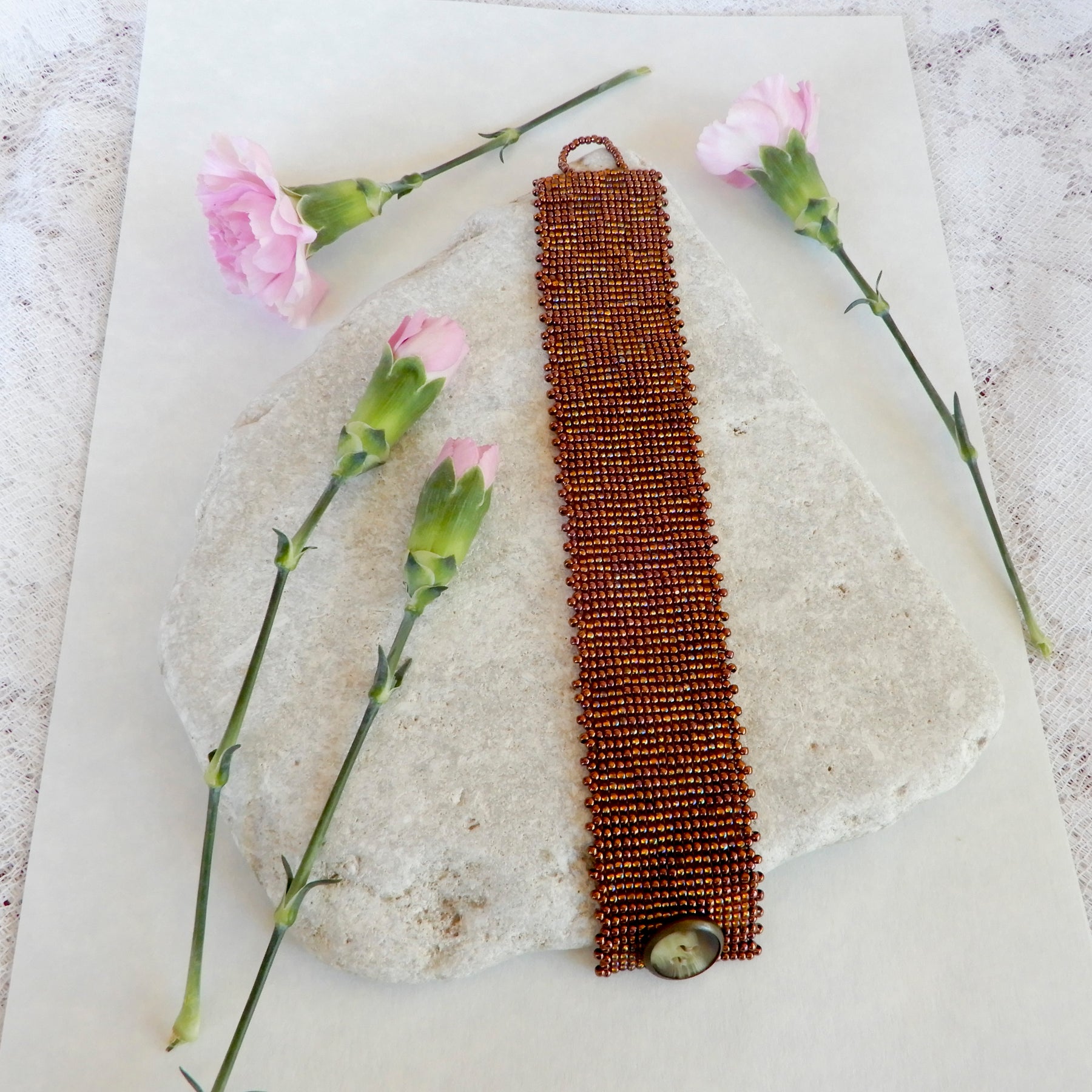 Hand beaded Bracelet in Bronze