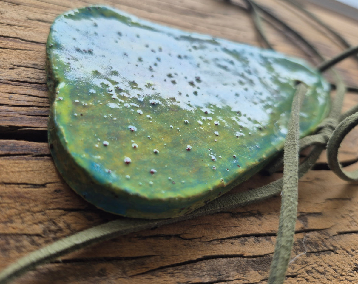 Pear Pottery Necklace with Green Leather Strap