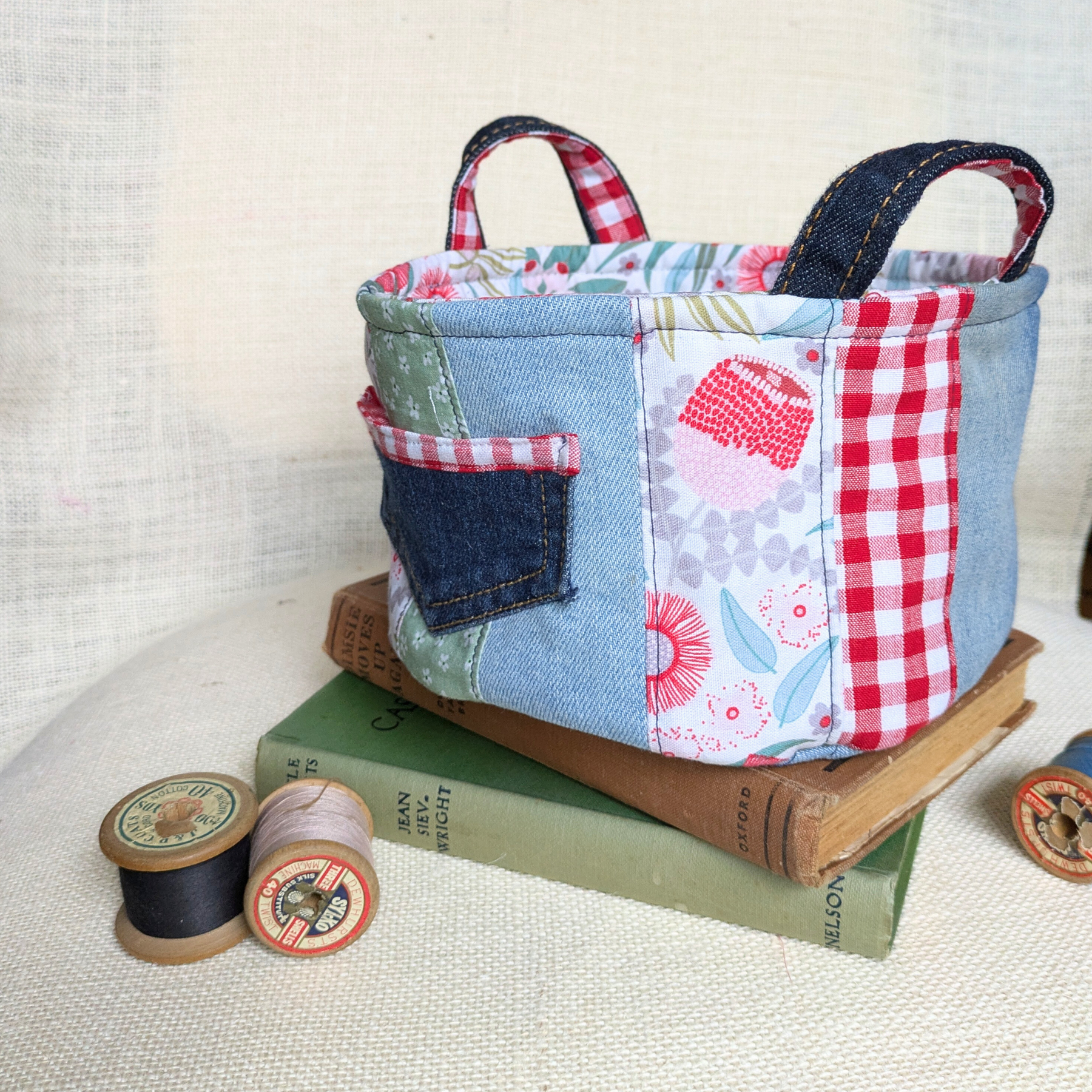 Upcycled Denim Storage Basket and Gift Bag Patchwork Australian flora