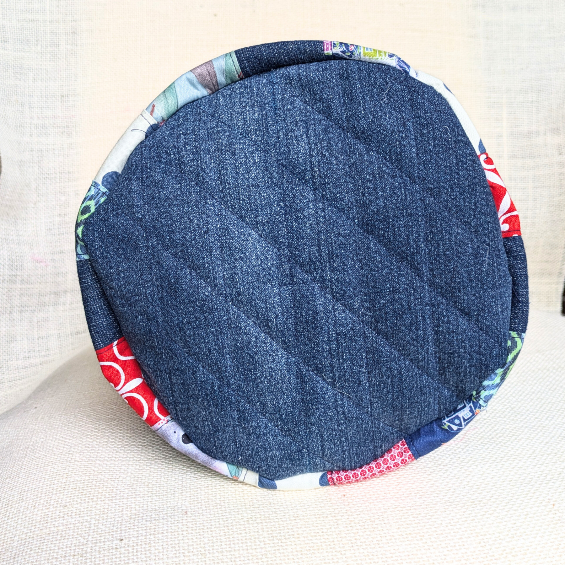 Upcycled Denim Storage Basket and Gift Bag Patchwork Navy spot
