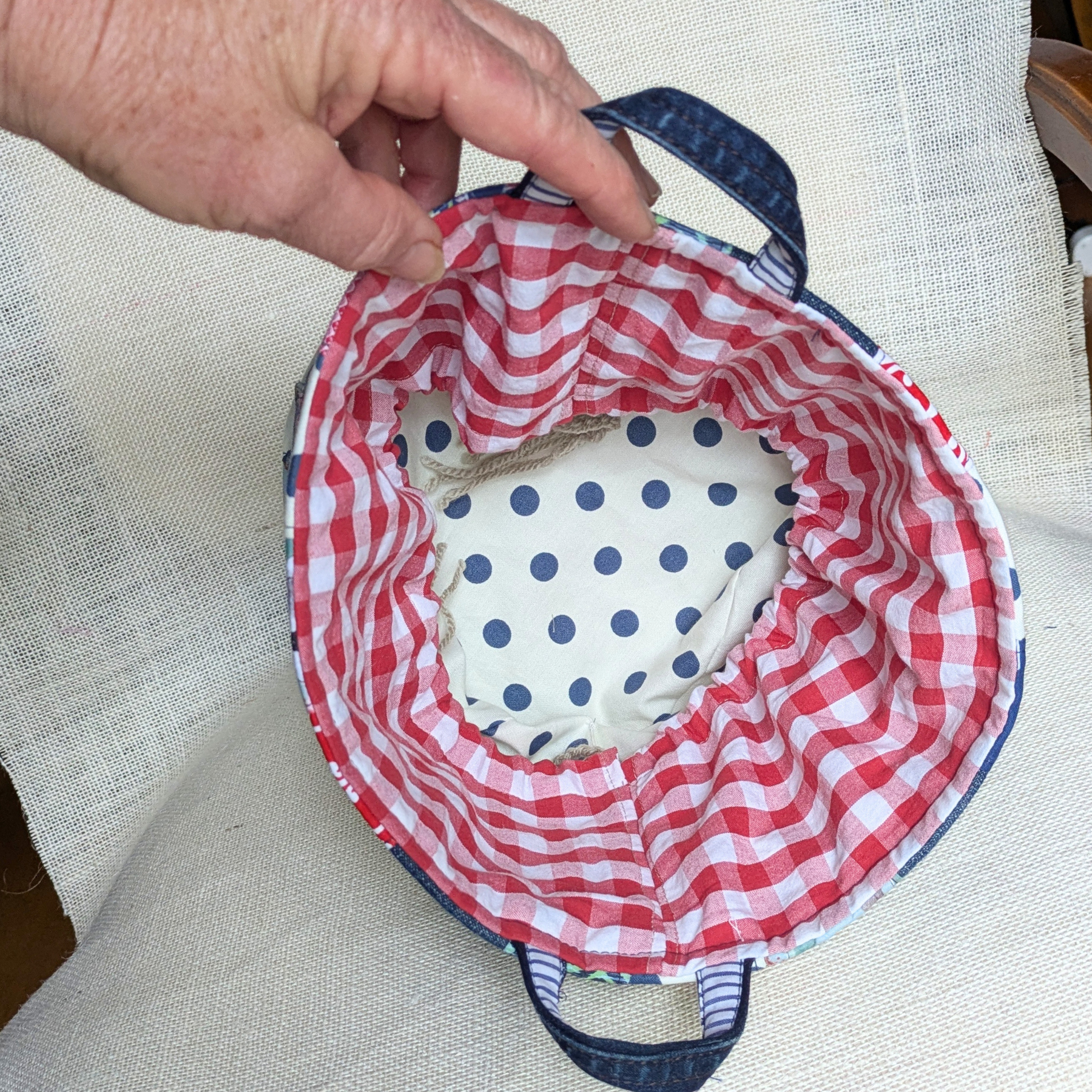 Upcycled Denim Storage Basket and Gift Bag Patchwork Navy spot