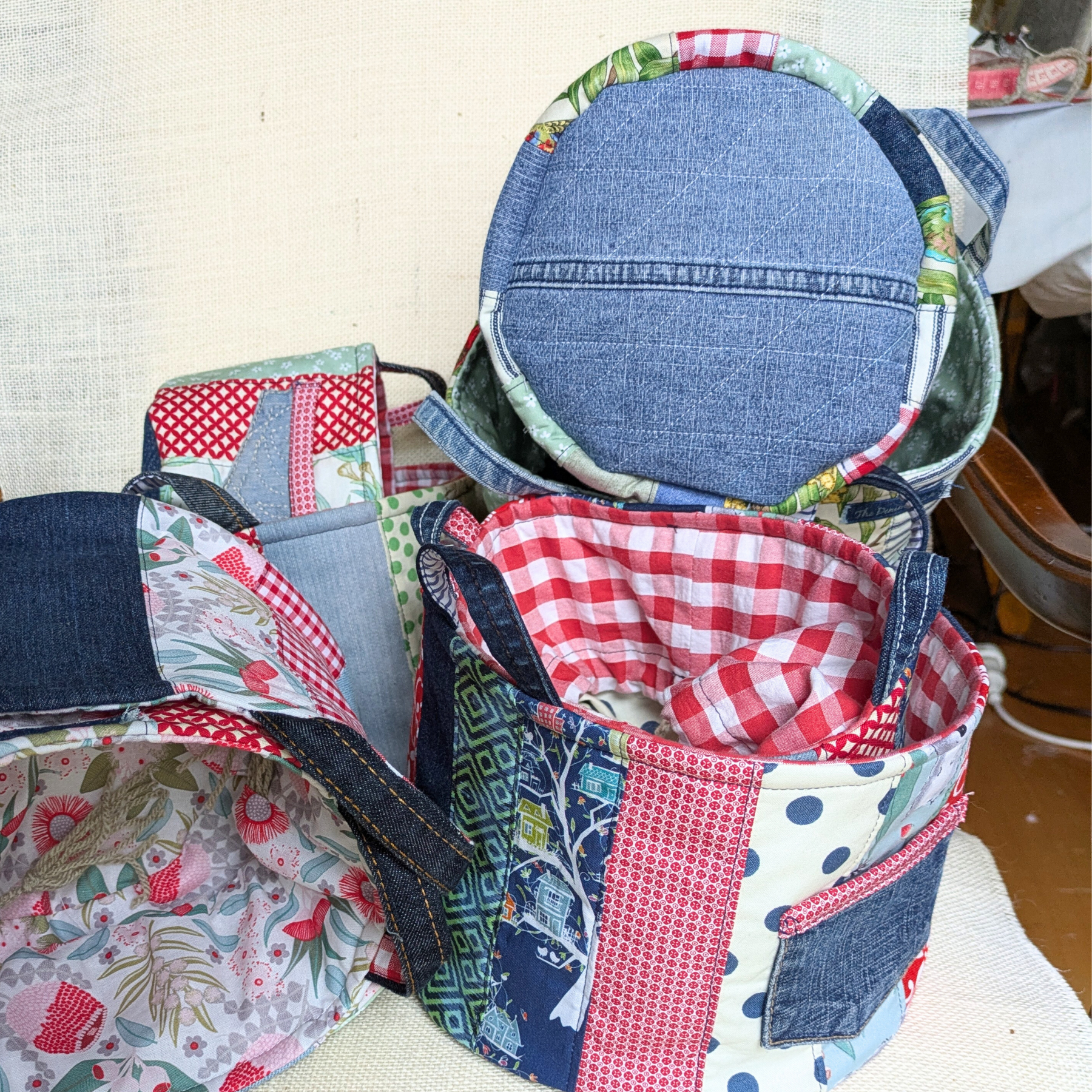 Upcycled Denim Storage Basket and Gift Bag Patchwork Australian flora