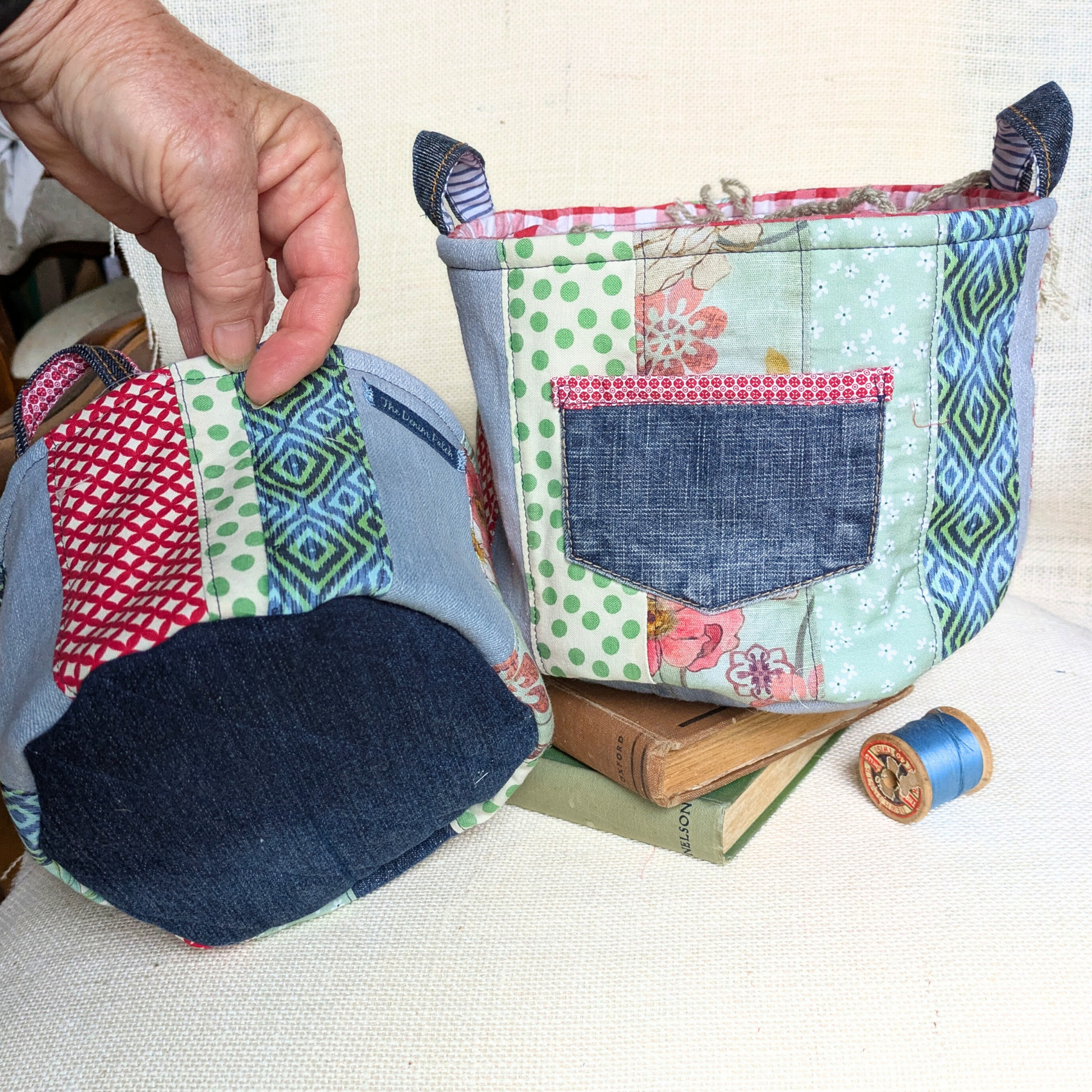 Upcycled Denim Storage Basket and Gift Bag Patchwork