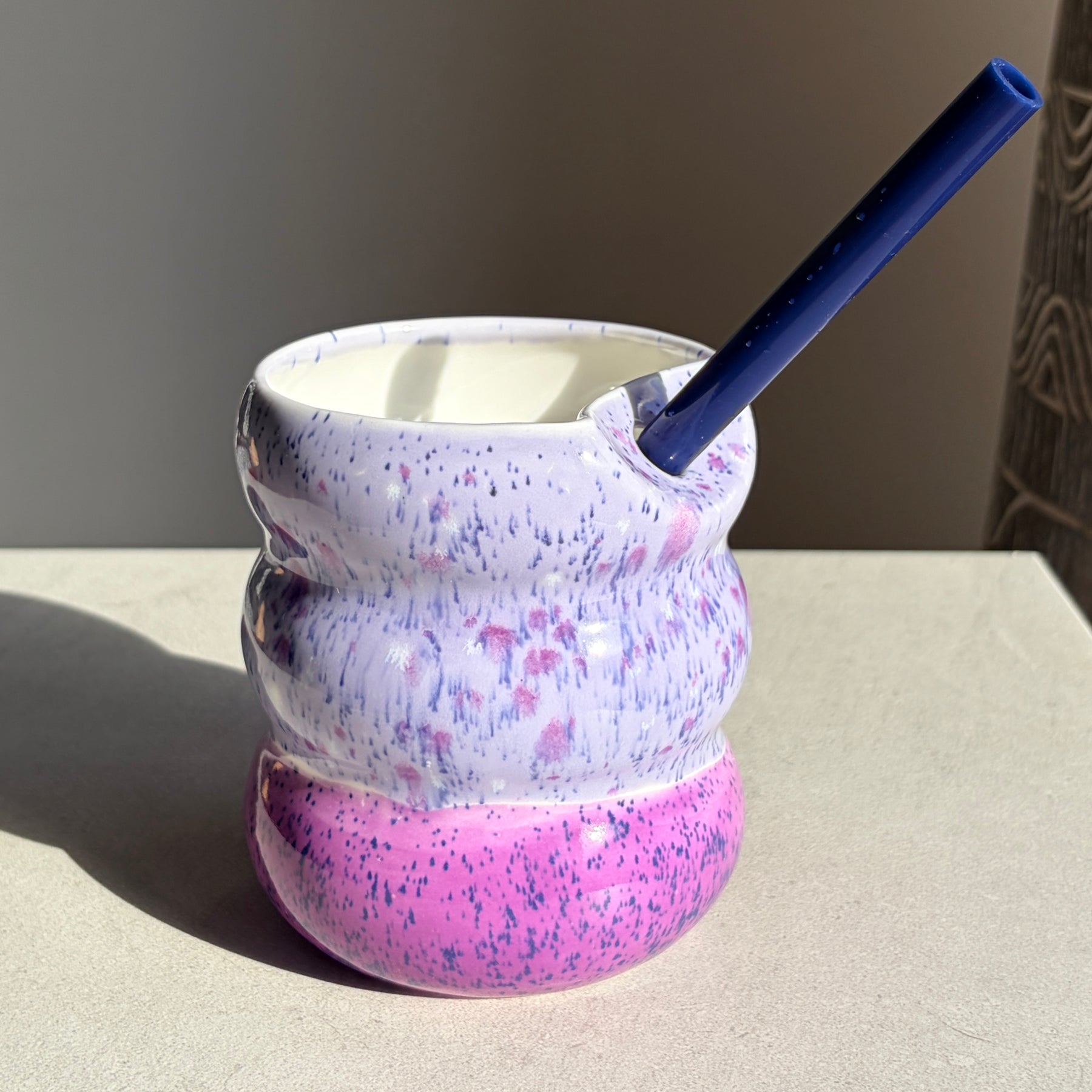 Handcrafted Porcelain Tumbler with Silicon Straw, 600mL Bubble Cup in Blueberry Smoothie Glaze