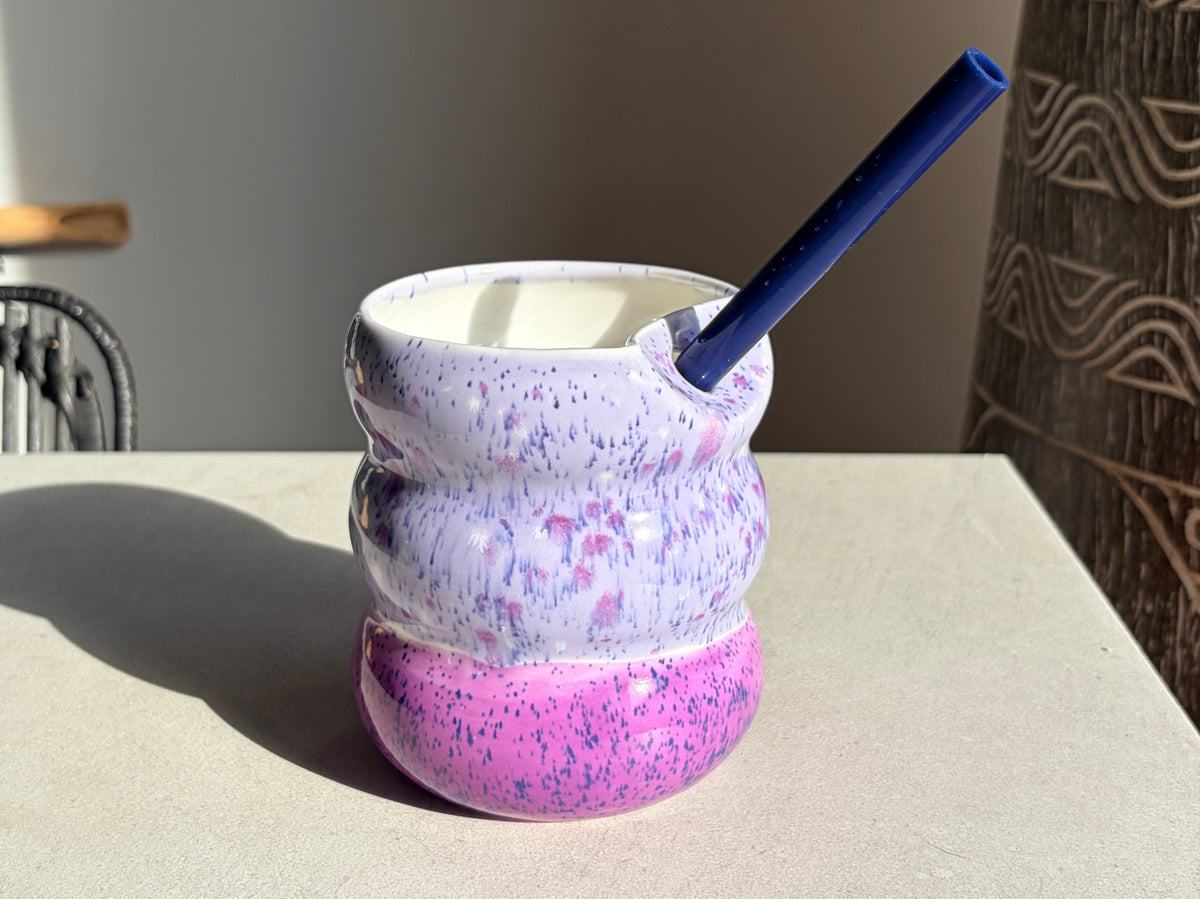 Handcrafted Porcelain Tumbler with Silicon Straw, 600mL Bubble Cup in Blueberry Smoothie Glaze