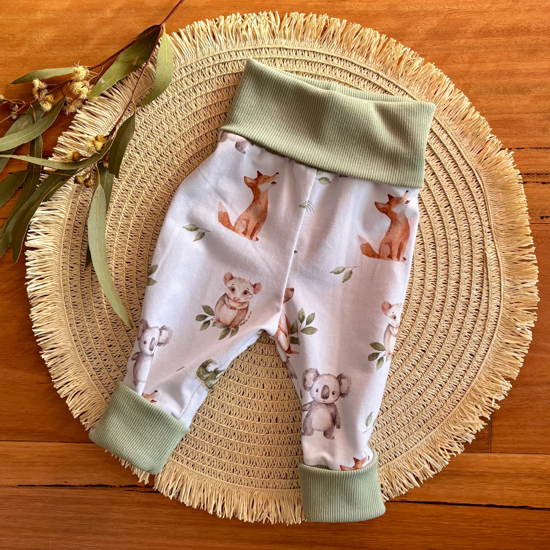 Baby Bodysuit and Pants Set | Green Aussie Animals | Size premmie to 2 | Made to order