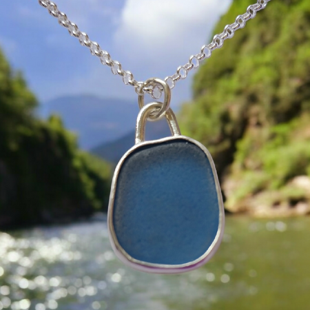 Blue Seaglass Sterling Silver Pendant