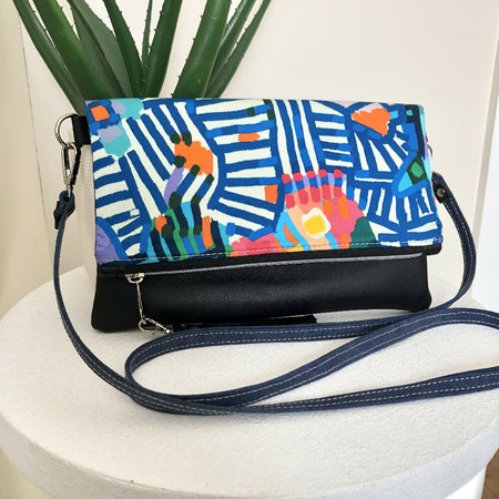 Fold Over Crossbody Clutch Bag in Balmain Print Fabric, Blue Canvas and Leather