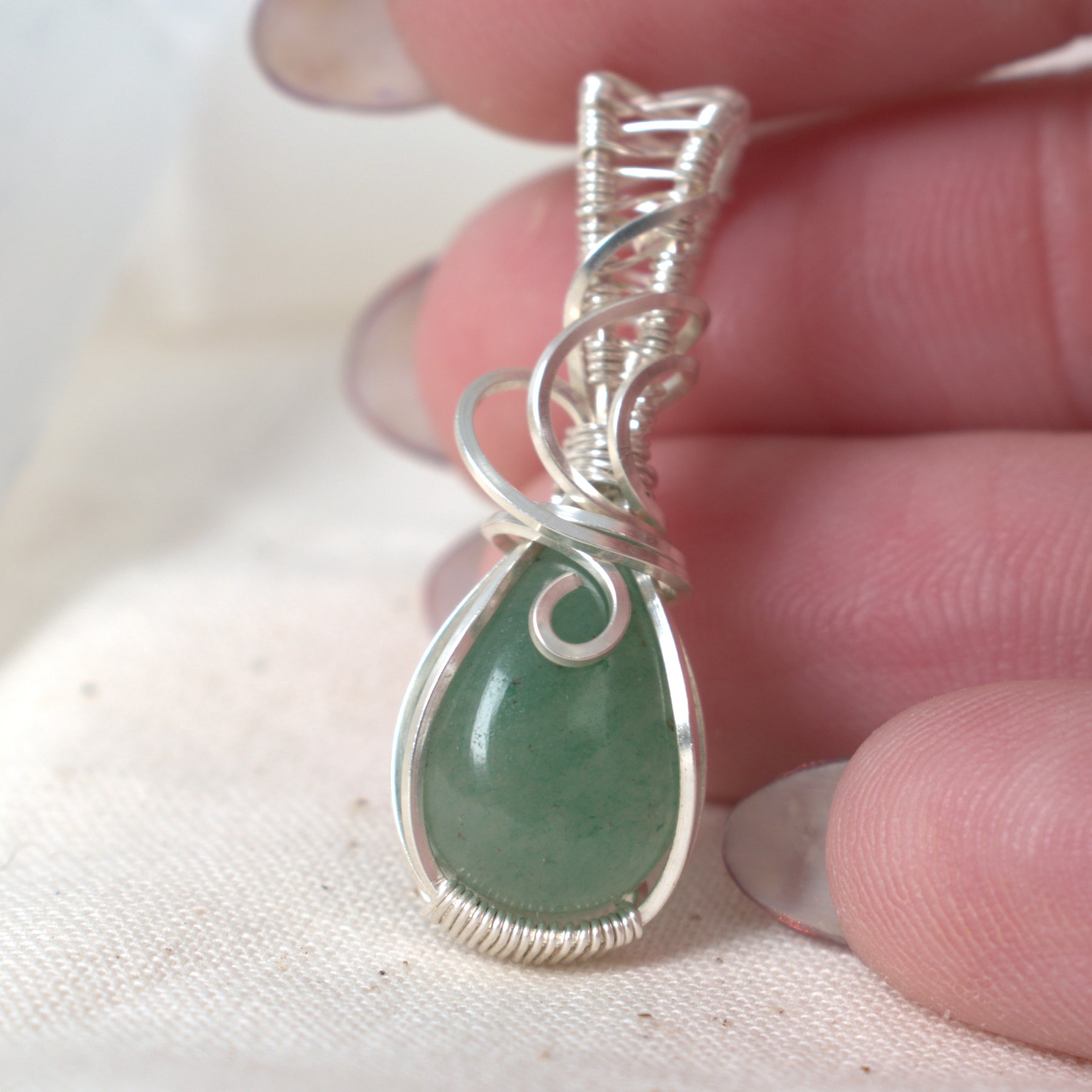 Wire Wrapped Green Aventurine Keepsake Pendant