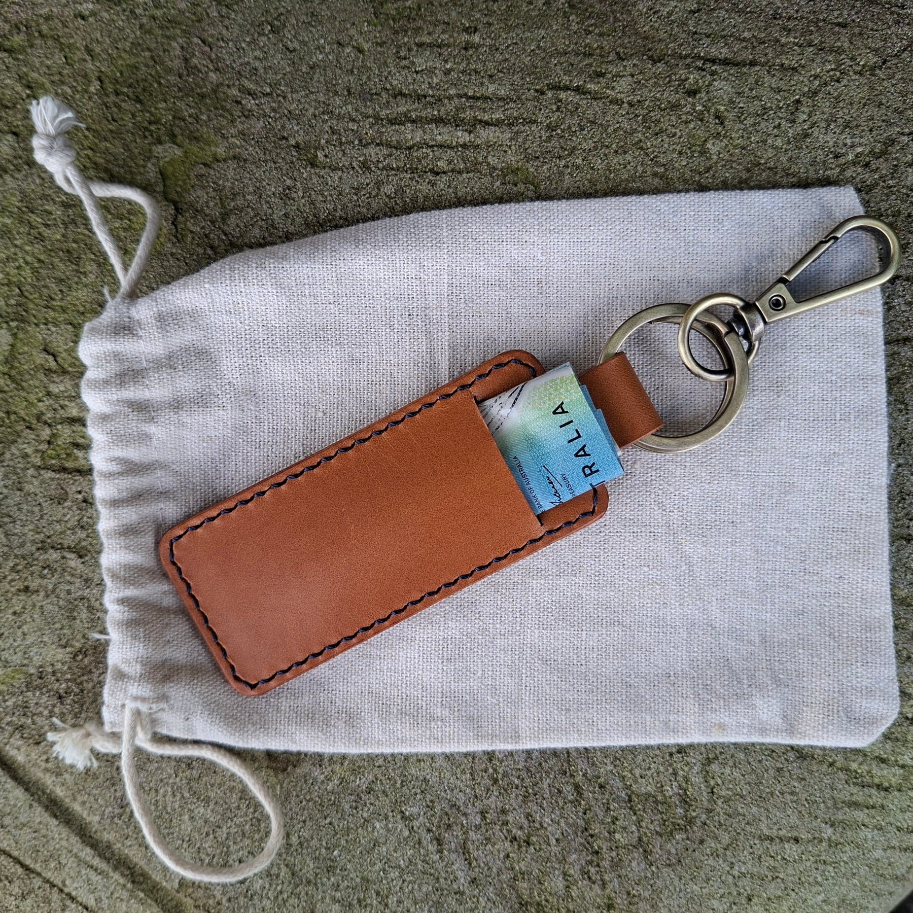 Keyring With Secret Cash Holder - Navy Blue Thread Buttero Leather