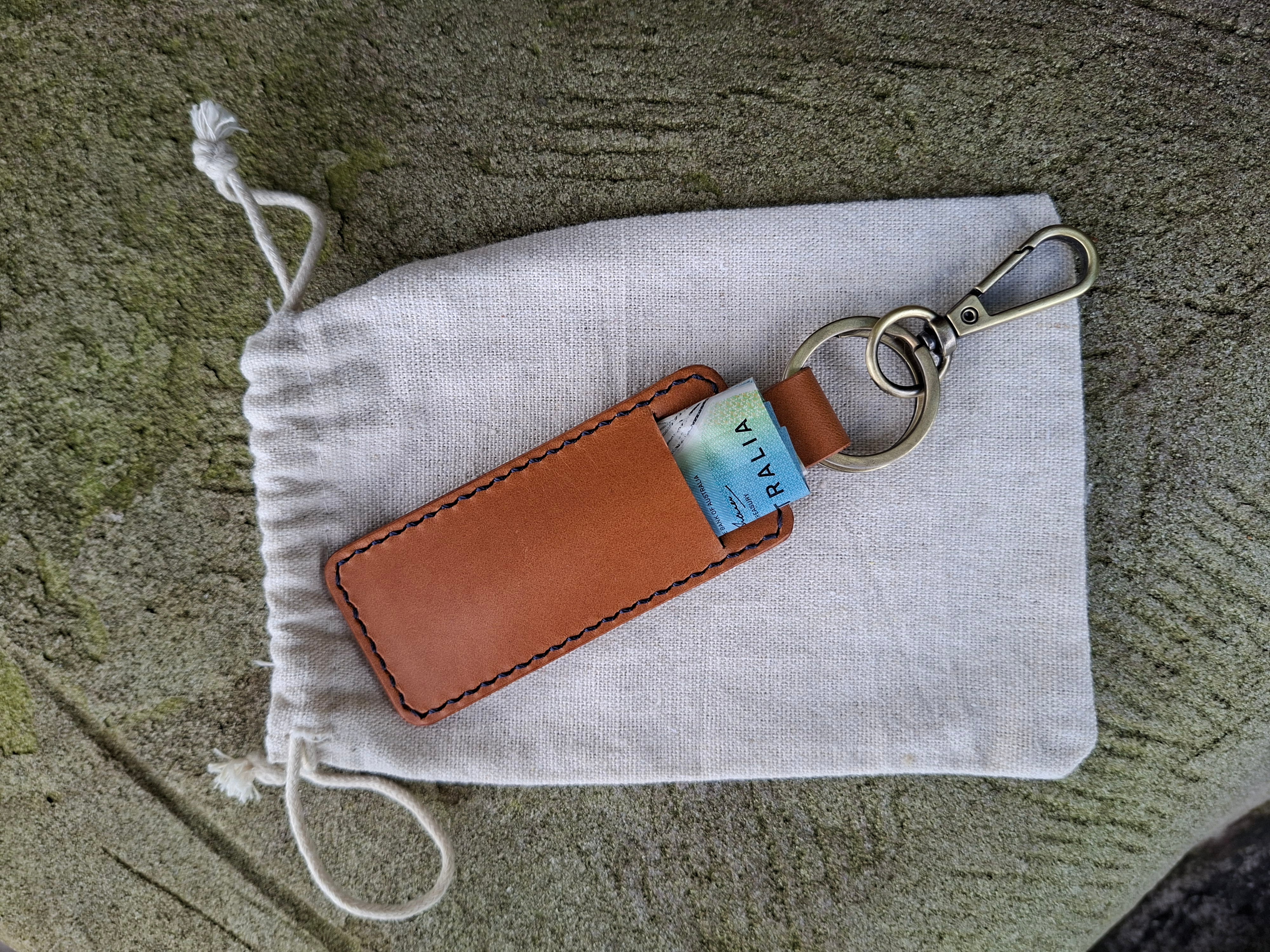 Keyring With Secret Cash Holder - Navy Blue Thread Buttero Leather