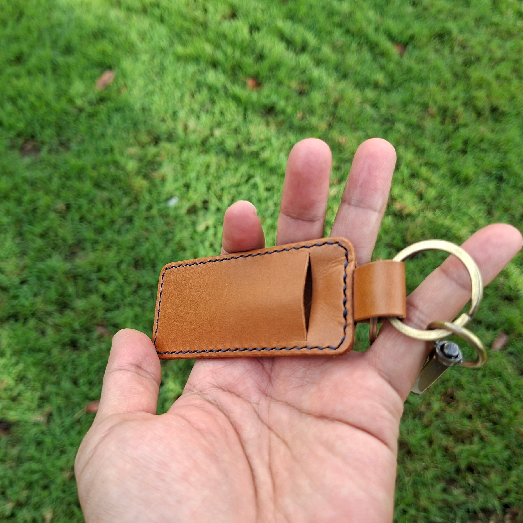 Keyring With Secret Cash Holder - Navy Blue Thread Buttero Leather