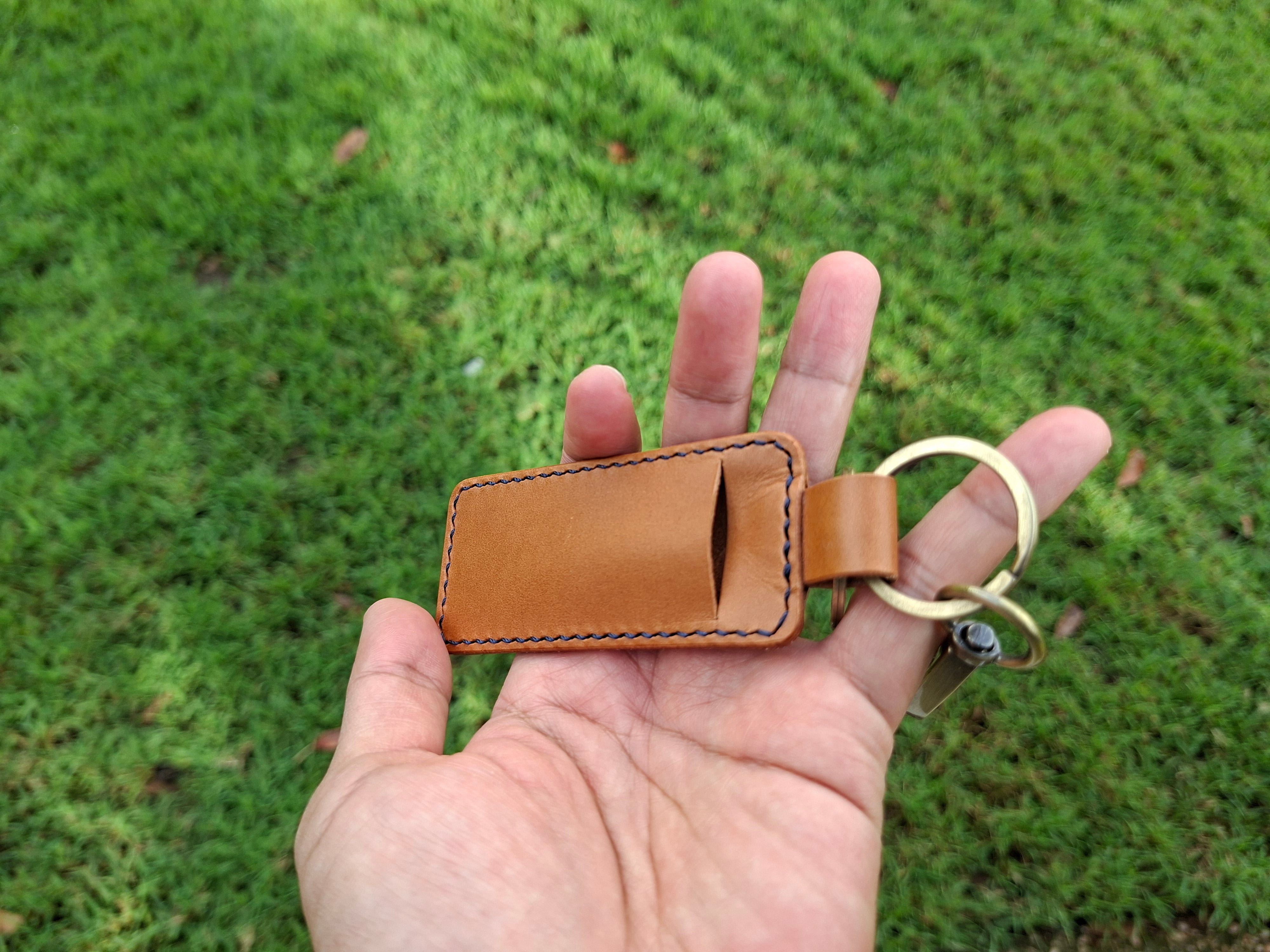 Keyring With Secret Cash Holder - Navy Blue Thread Buttero Leather