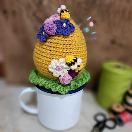 Beehive pin cushion in a sturdy enamel tin mug