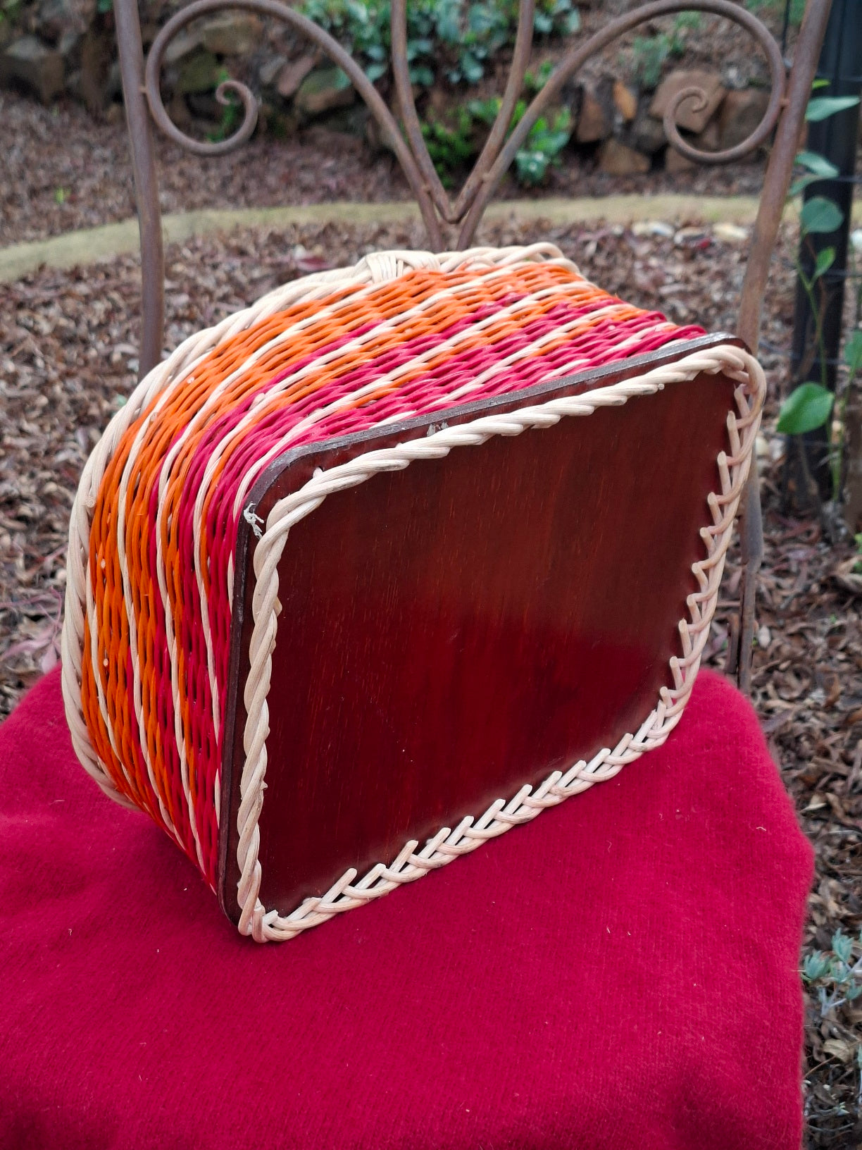 Large Rectangular basket  red,orange and natural wicker.