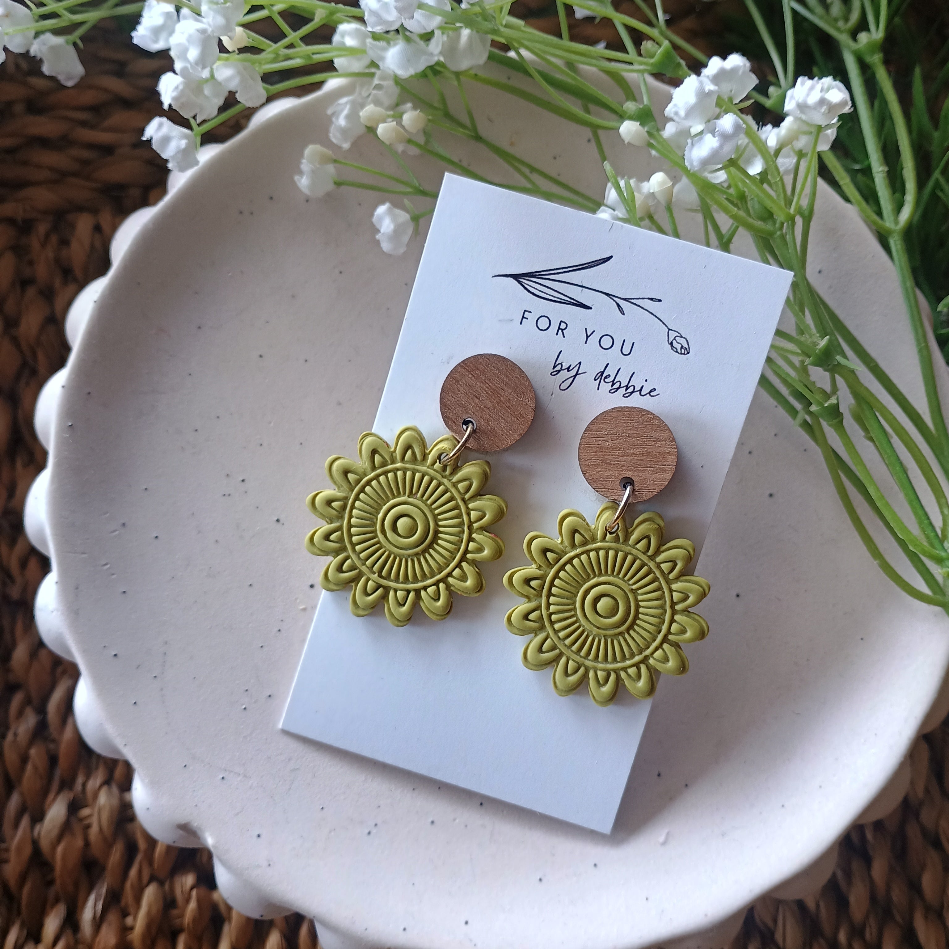 Olive Green mandala earrings with natural wood stud top