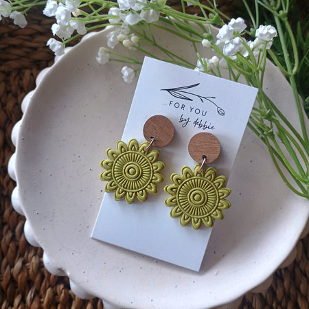 Olive Green mandala earrings with natural wood stud top