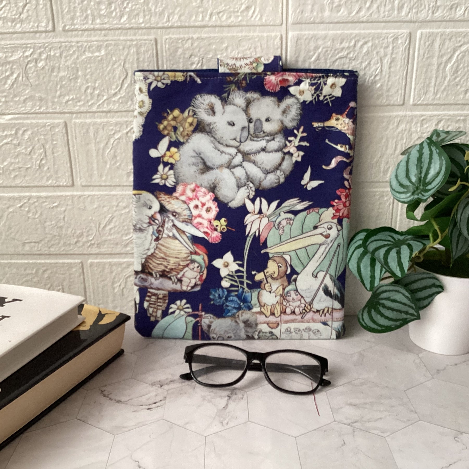 May Gibbs Gumnut Adventures fabric book sleeve with 2 pockets. iPad, tablet pouch